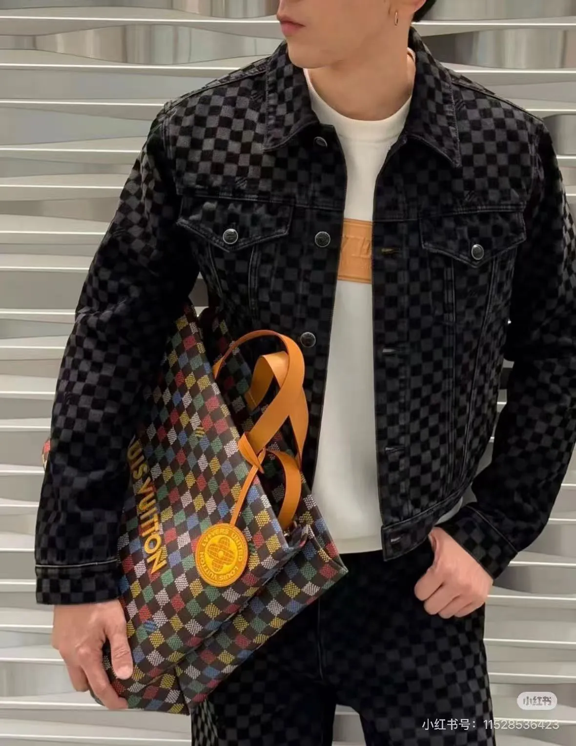 Louis Vuitton/Louis Vuitton Mosaic Flocked Checkered Spliced Denim Jacket